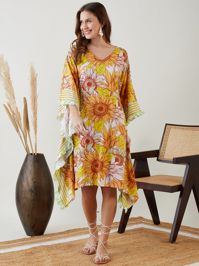 Yellow Sunflower Resorty Kaftan with "V" Neck and Ruffle Detailing embellishing the Side of the Kaftan 