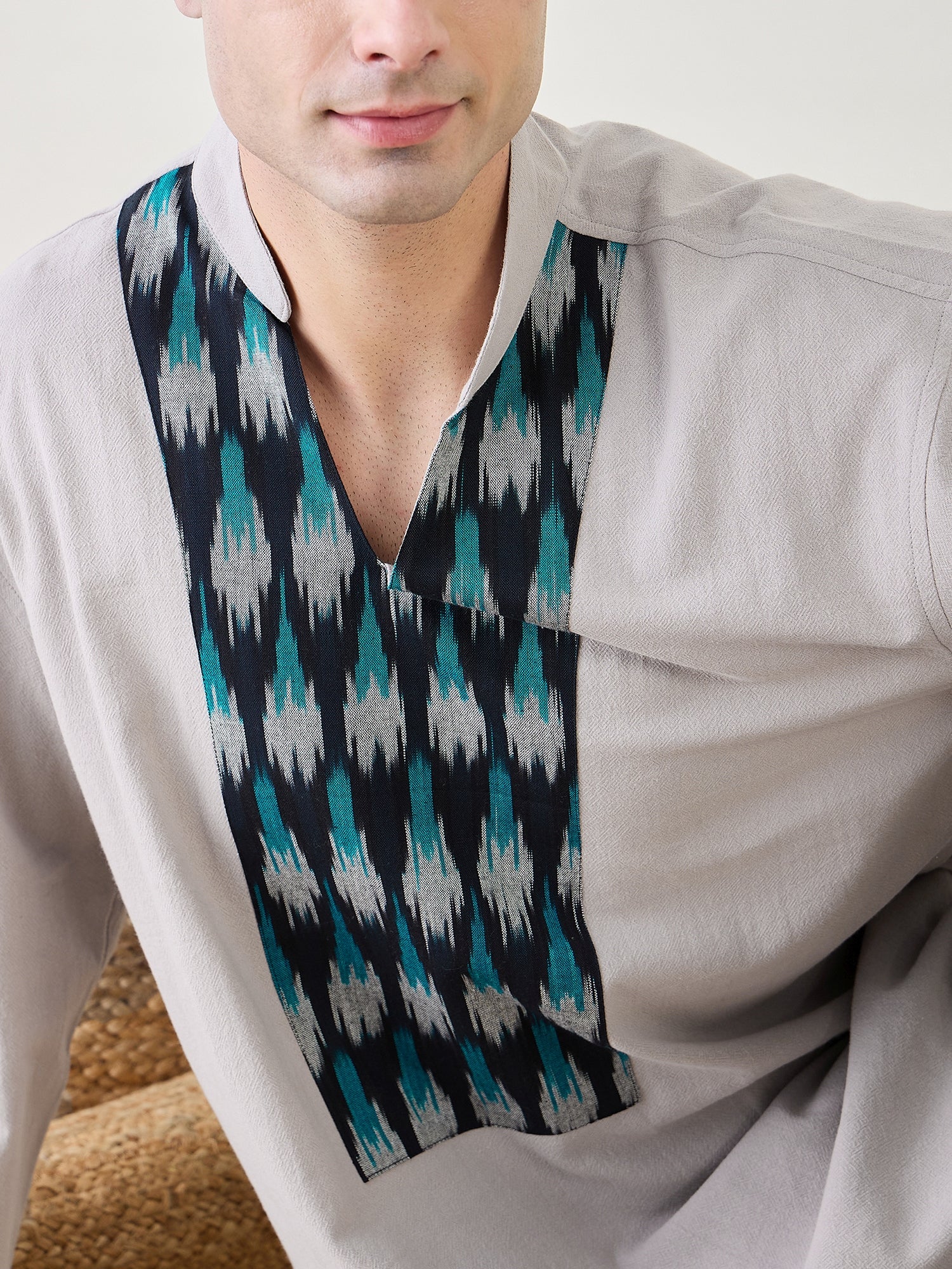 new printed Grey Ikat short kurta for men