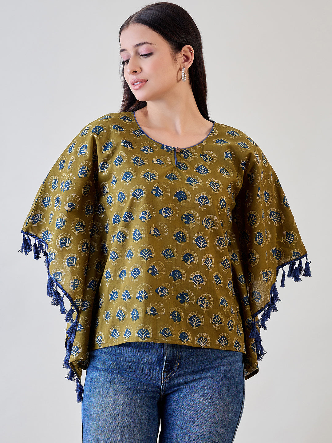 Bright Blue Tasseled Green Cotton Ethnic Motifs Kaftan Top for a stylish ethnic look.
