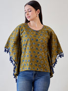 Bright Blue Tasseled Green Cotton Ethnic Motifs Kaftan Top for a stylish ethnic look.

