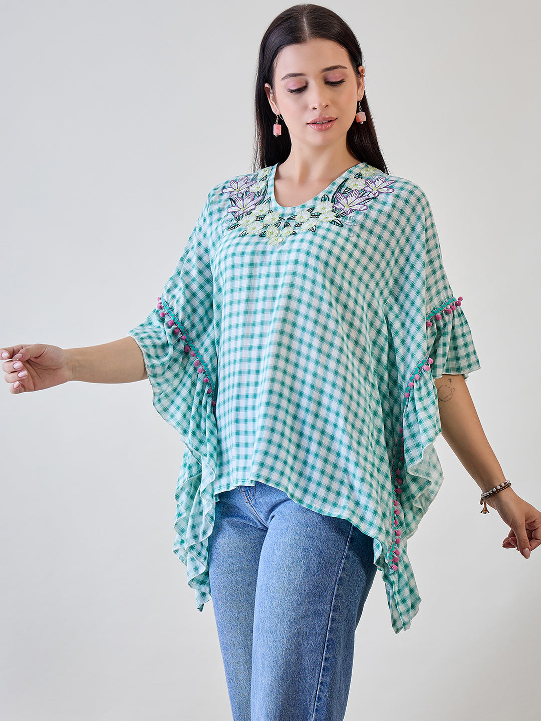 Add a touch of floral elegance with the Green Gingham Floral Embroidered Cotton Kaftan Top
