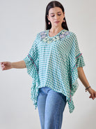 Add a touch of floral elegance with the Green Gingham Floral Embroidered Cotton Kaftan Top
