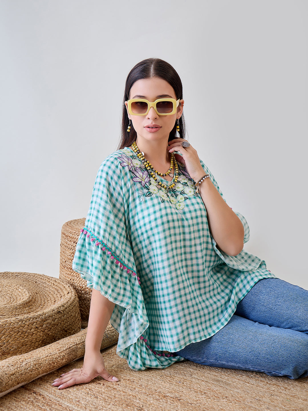 Upgrade your wardrobe with the Green Gingham Floral Embroidered Cotton Kaftan Top, perfect for relaxed days
