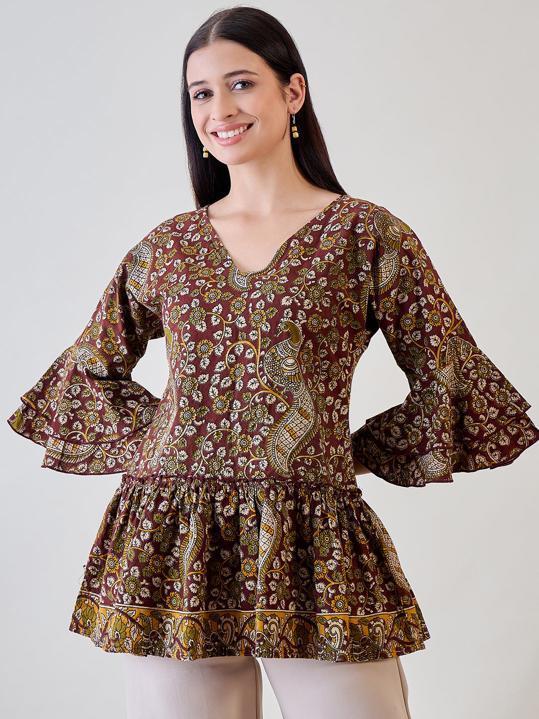Kalamkari Ethnic Printed Cotton Peplum Top for a traditional yet stylish look
