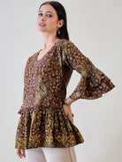 Add a touch of ethnic charm to your wardrobe with the Kalamkari Ethnic Printed Cotton Peplum Top
