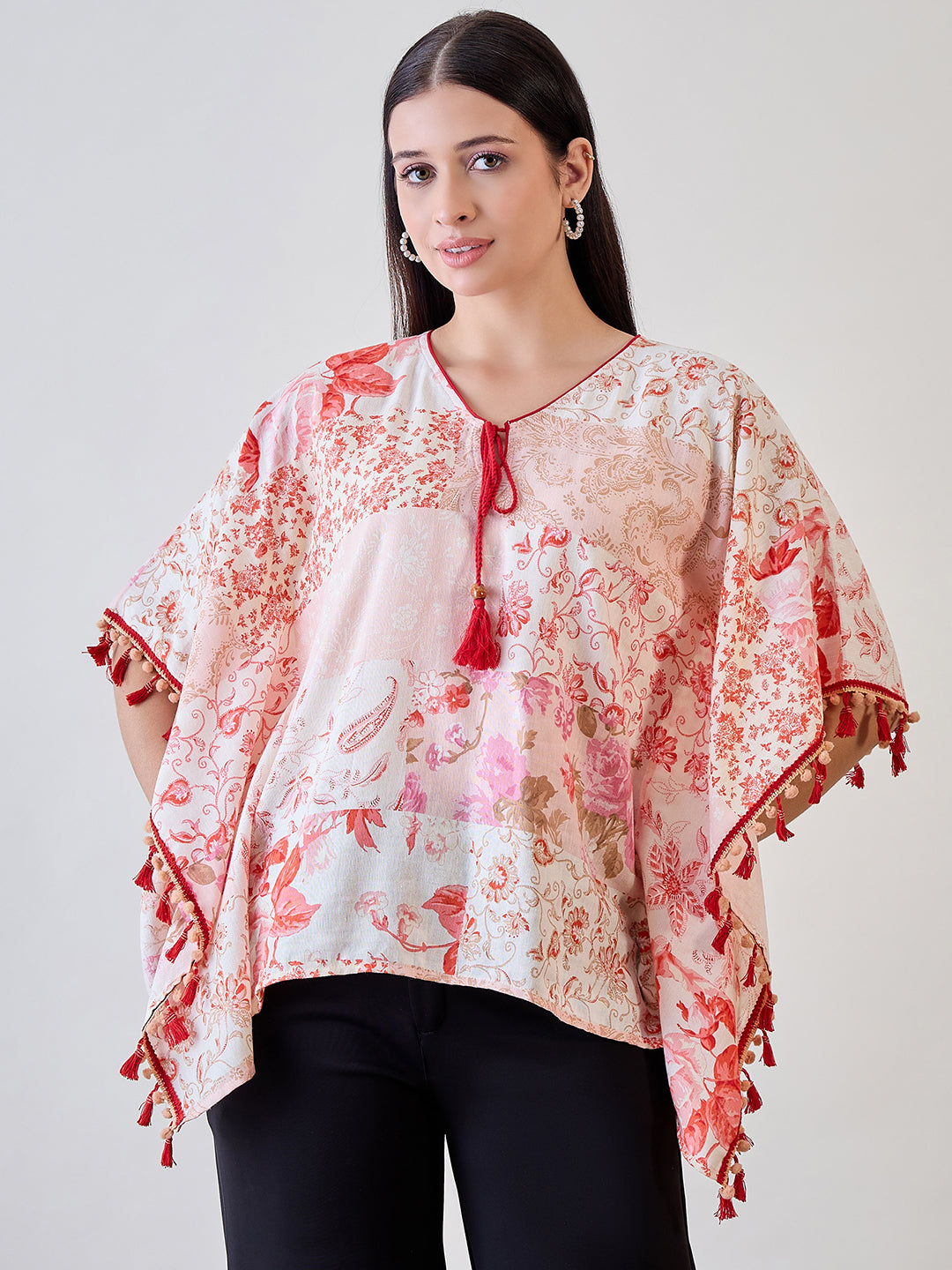 Beige and red pom-pom lace embellished cotton kaftan top, offering a chic and comfortable outfit option

