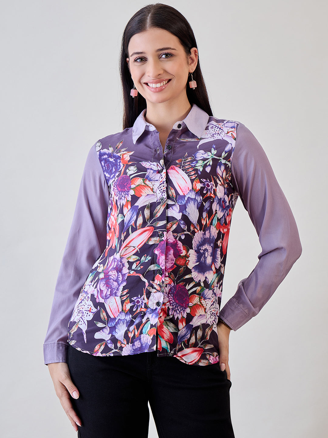 Purple painted printed crepe shirt with a button-down front and a relaxed fit, perfect for chic casual wear.
