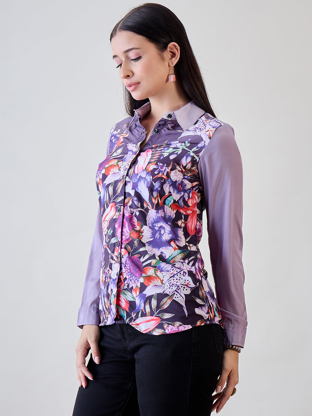 Purple painted printed crepe shirt with a tailored fit and classic collar, ideal for both casual and semi-formal occasions.
