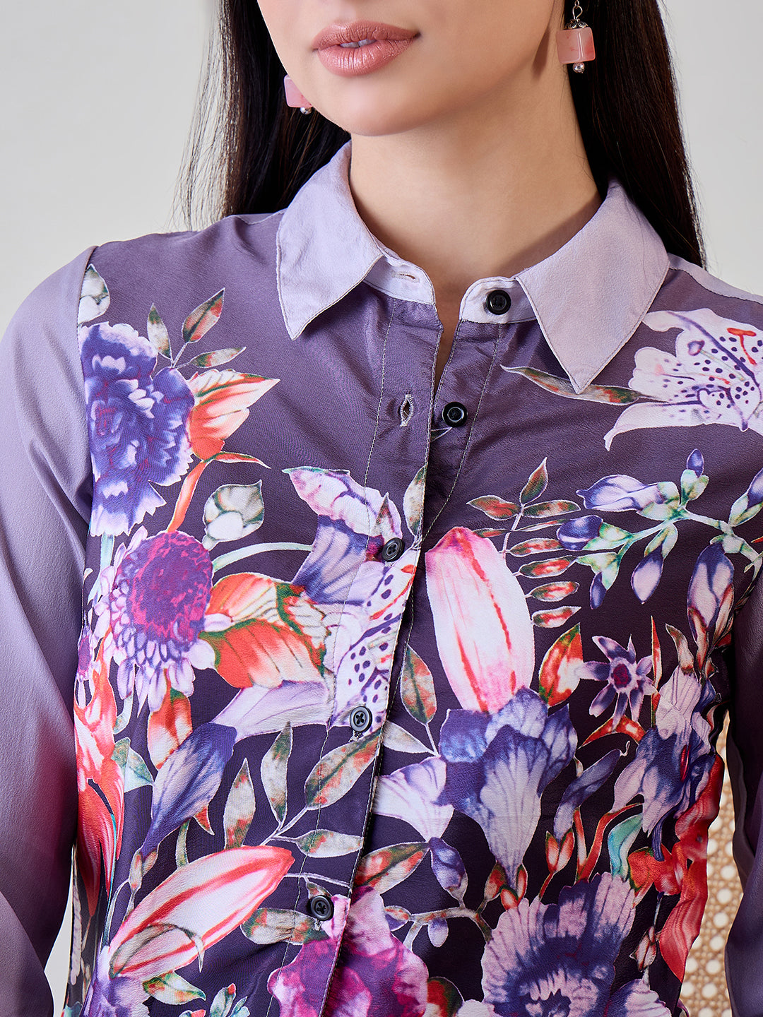 Purple crepe shirt with a relaxed fit, button-front style, and artistic painted print for a modern aesthetic.
