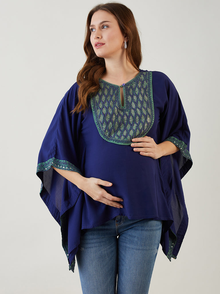 Blue Modal Top with Round Neck with a Keyhole, Hand Embroidered Chikankari Yoke Patch, Three Quarter Extended Sleeve