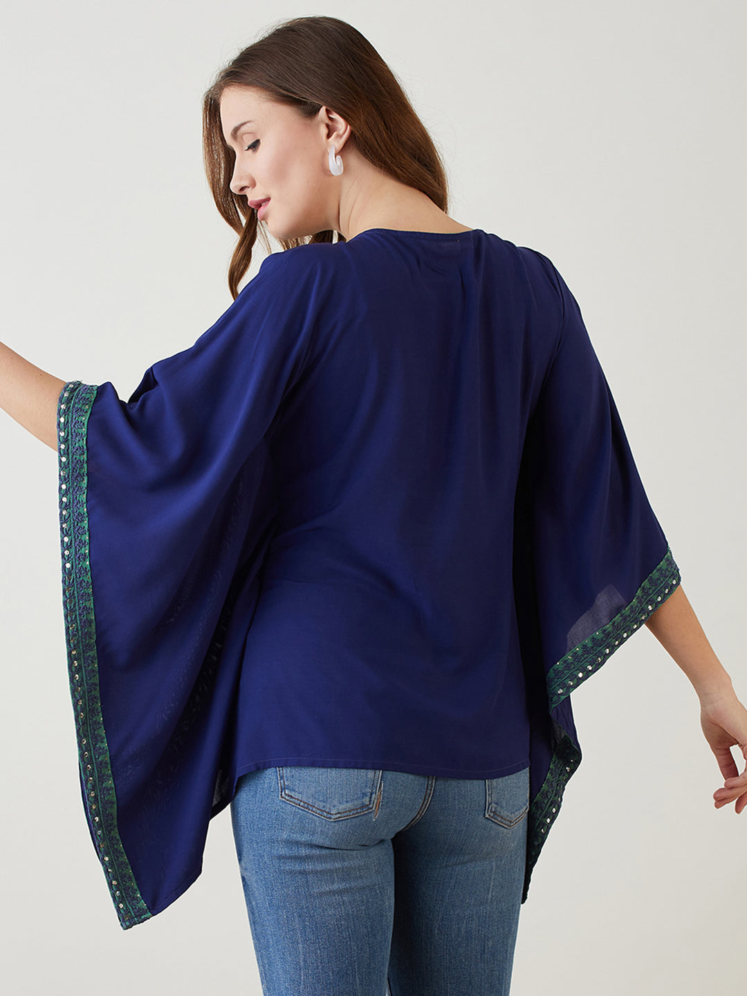 Round neck, 3/4 sleeve maternity kaftan top with hand-embroidered yoke