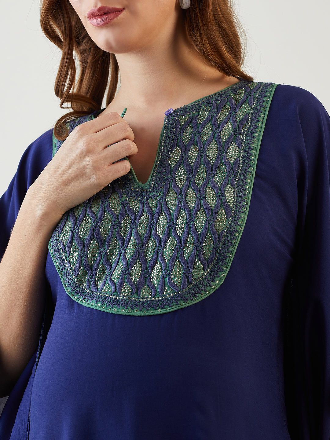 Hand-embroidered Chikankari yoke on a soft modal maternity kaftan top