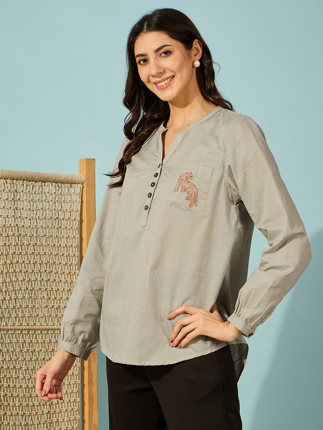 Unique olive green cotton shirt with a mandarin collar and tiger embroidery, adding a touch of flair.
