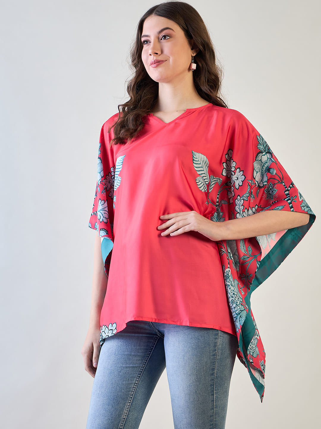 Comfortable and breathable red floral kaftan top for everyday wear.