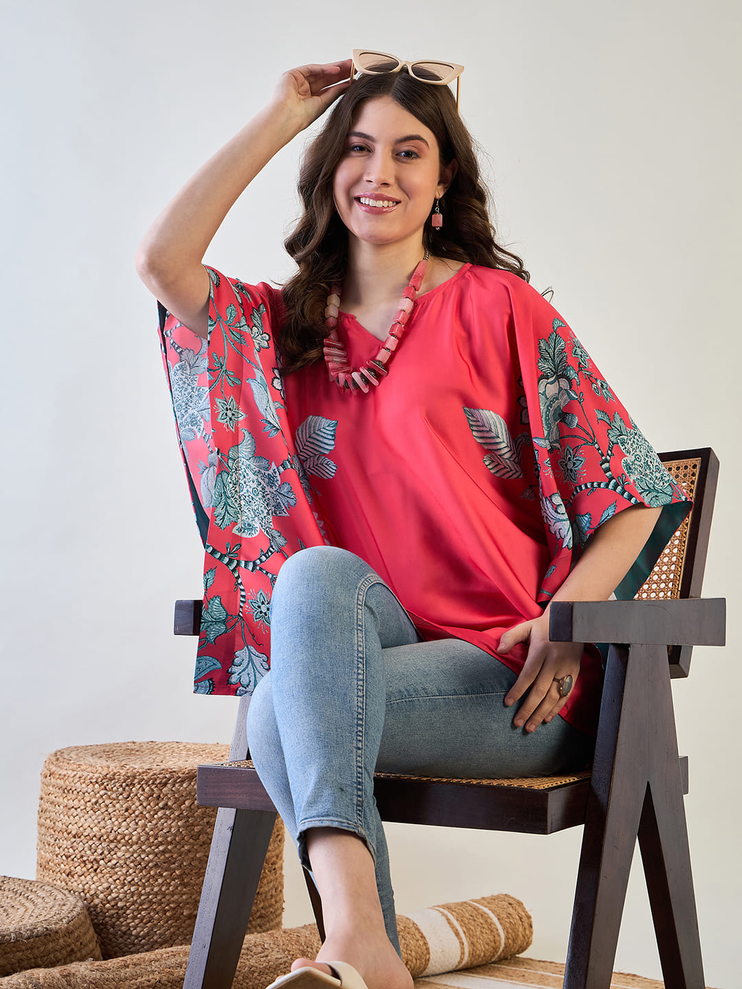 Relaxed fit red floral kaftan perfect for lounging at home.