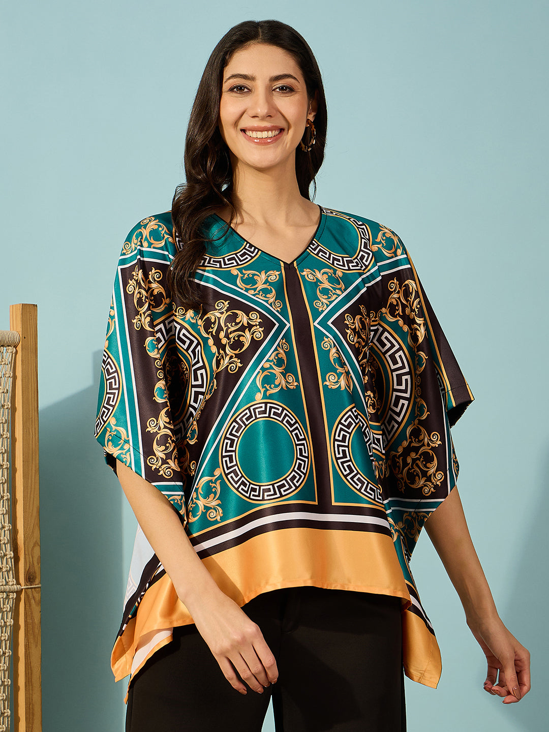Women's Teal Baroque Printed Kaftan Top - Elegant Style with a Modern Twist.
