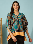 Women's Teal Baroque Printed Kaftan Top - Elegant Style with a Modern Twist.
