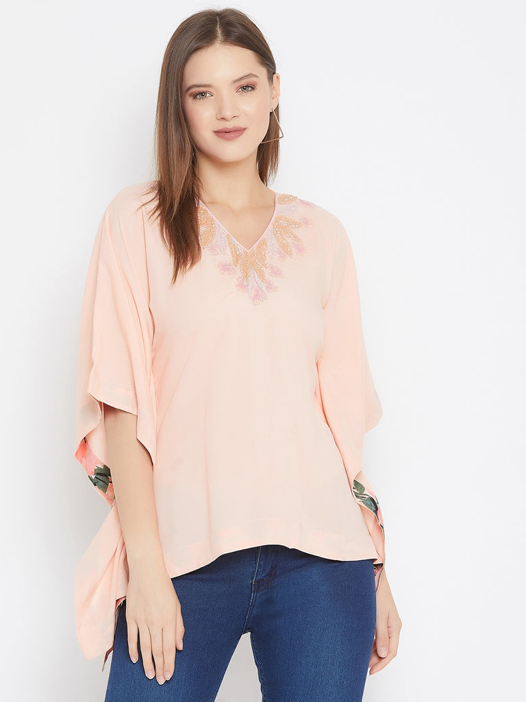Baby Pink Kaftan Top with Tonal Hand Embroidery