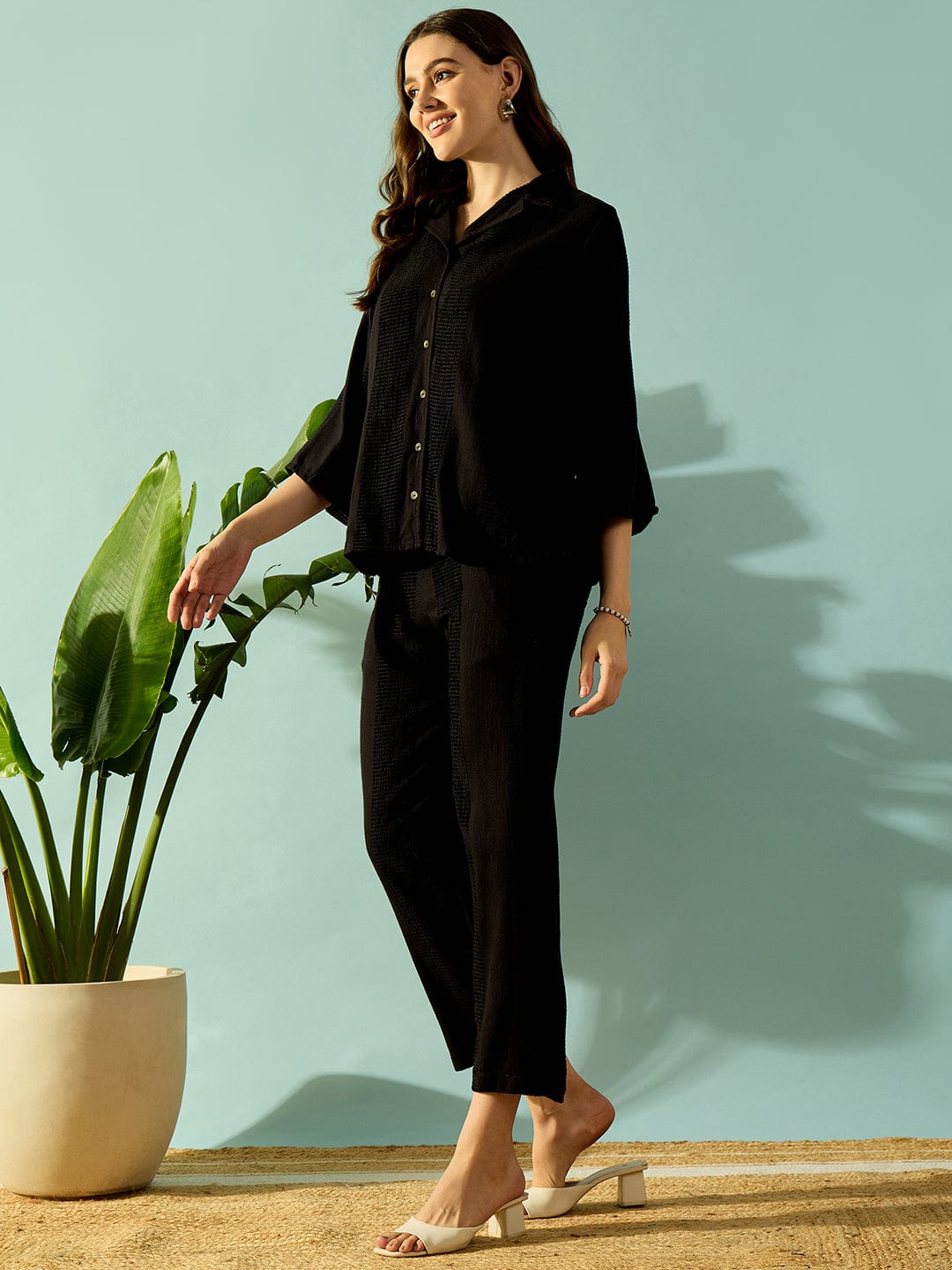 The Kaftan Company Co-ord Black Textured Elegant Coord Set
