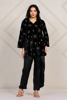 The Kaftan Company Co-ord Celestial Embroidered Velvet Top and Satin Draped Pant Set