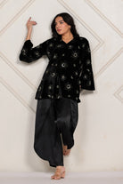 The Kaftan Company Co-ord Celestial Embroidered Velvet Top and Satin Draped Pant Set