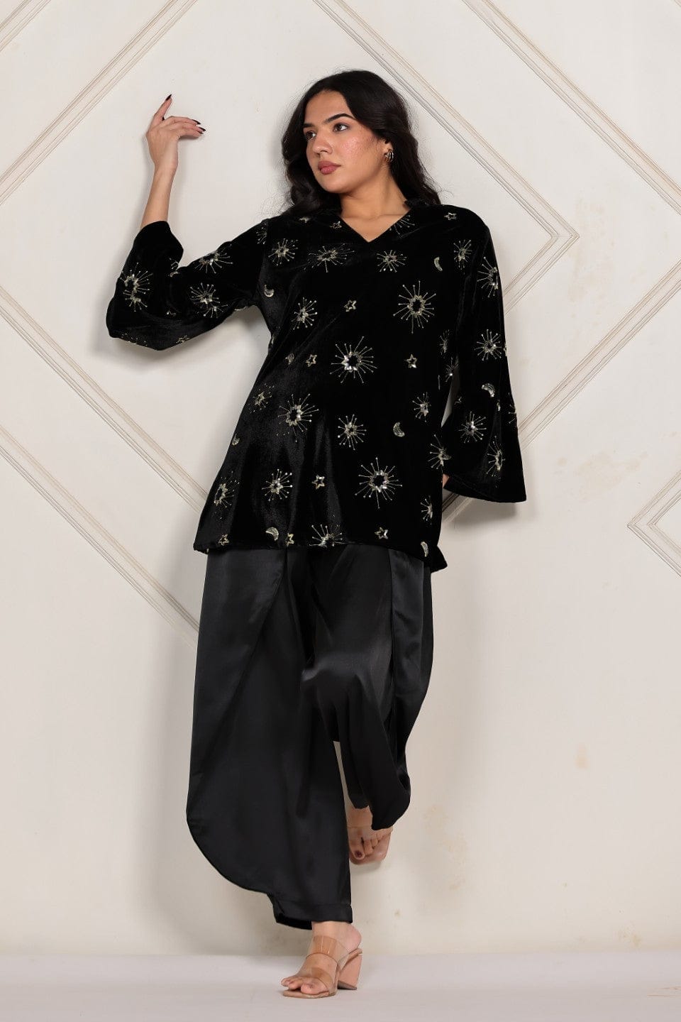 The Kaftan Company Co-ord Celestial Embroidered Velvet Top and Satin Draped Pant Set