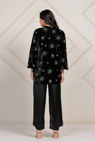 The Kaftan Company Co-ord Celestial Embroidered Velvet Top and Satin Draped Pant Set
