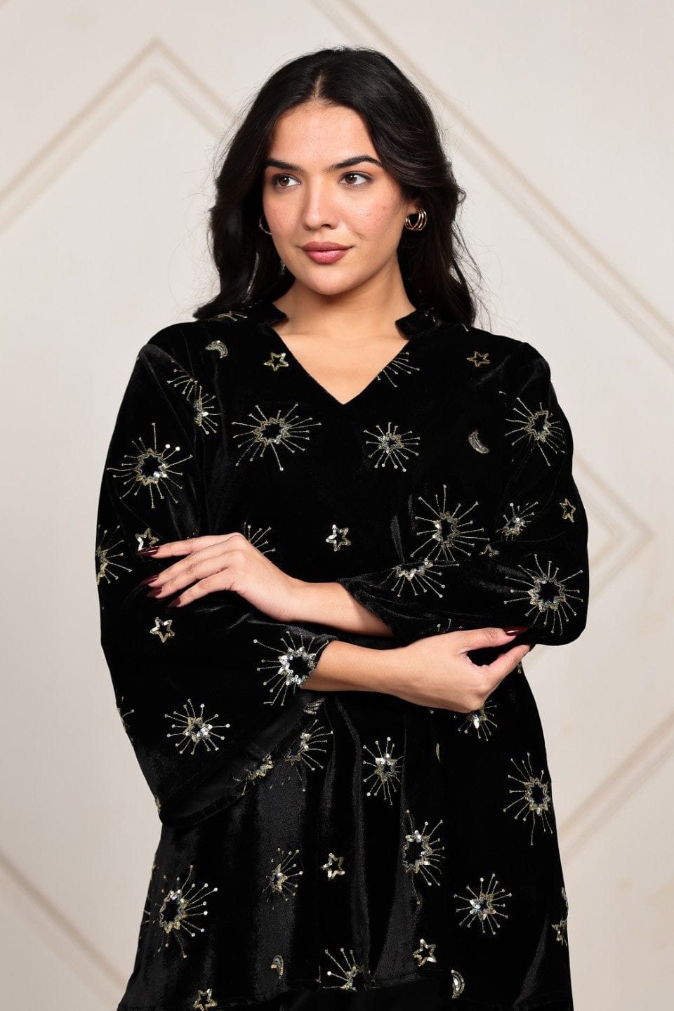 The Kaftan Company Co-ord Celestial Embroidered Velvet Top and Satin Draped Pant Set