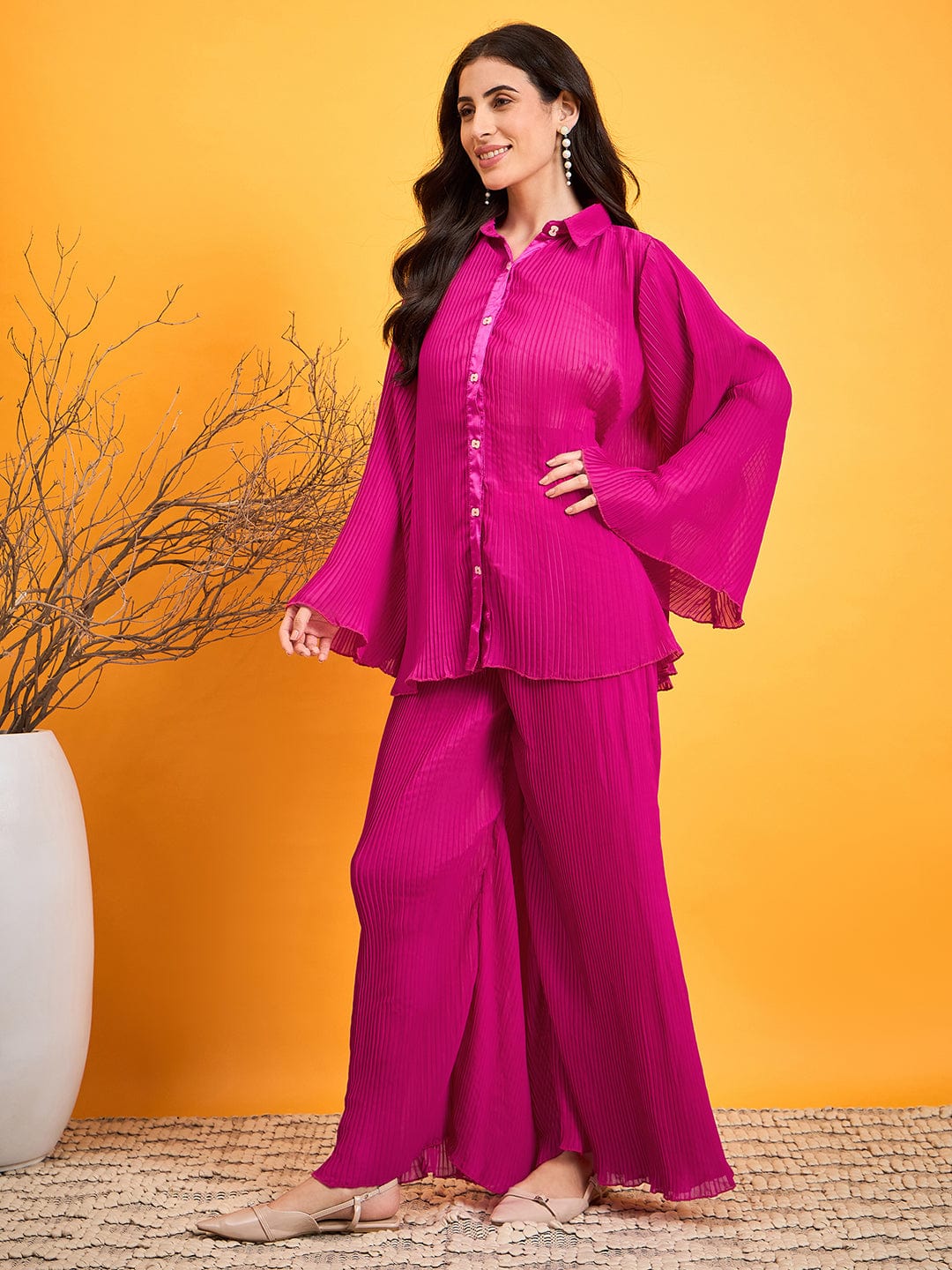 The Kaftan Company Co-ord Hot Pink Pleated Co-ord Set