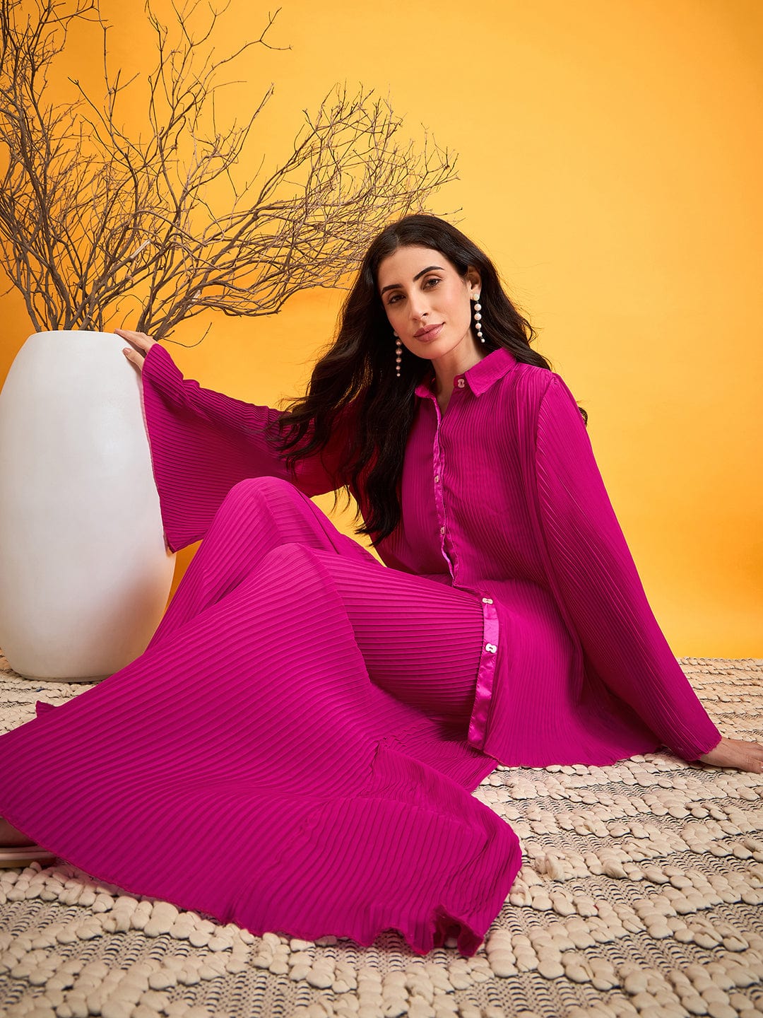 The Kaftan Company Co-ord Hot Pink Pleated Co-ord Set