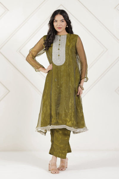 Olive Green Tissue Silk Embroidered Coord Set