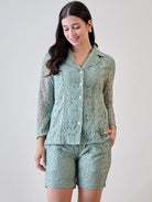 The Kaftan Company Co-ord Pastel Green Delicate Floral Lace Jacket and Shorts Cord Set