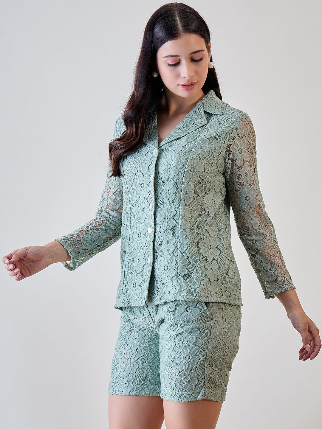 The Kaftan Company Co-ord Pastel Green Delicate Floral Lace Jacket and Shorts Cord Set