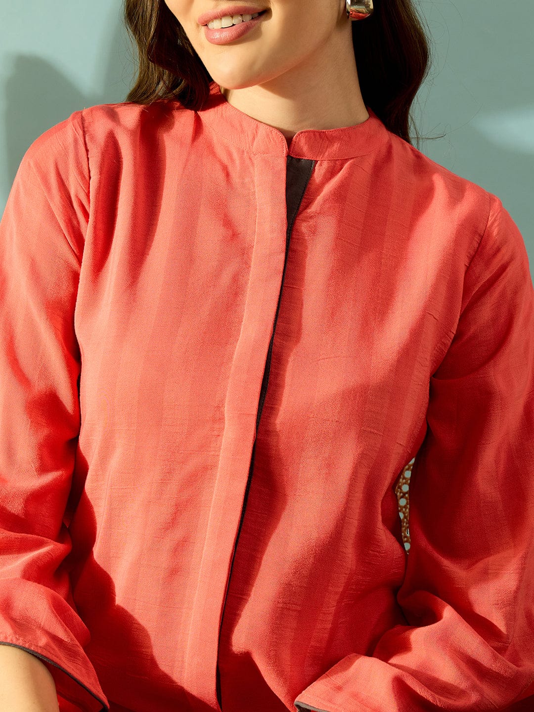 The Kaftan Company Co-ord Peach Self Striped Elephant Embroidered Coord Set
