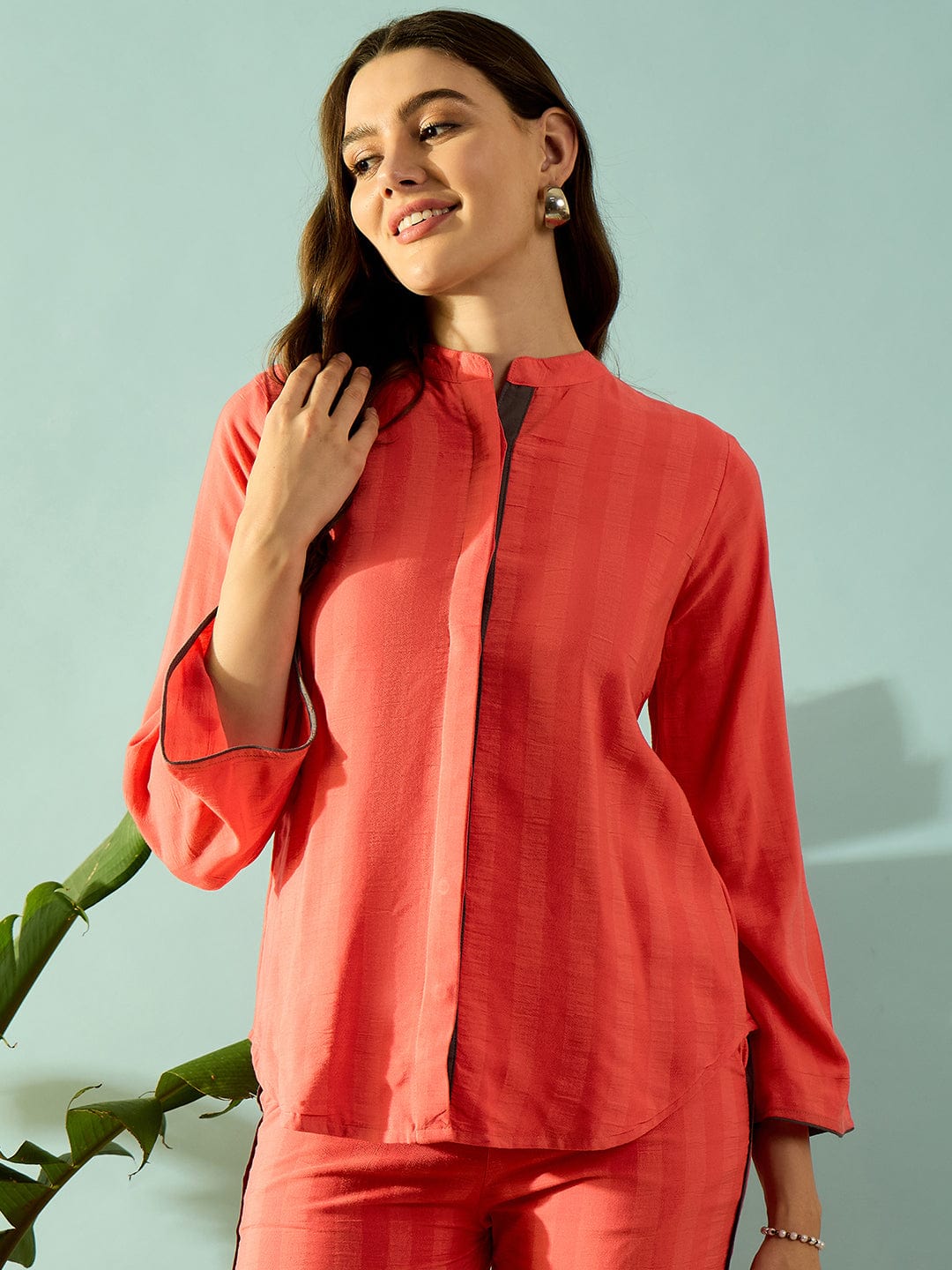 The Kaftan Company Co-ord Peach Self Striped Elephant Embroidered Coord Set