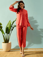 The Kaftan Company Co-ord Peach Self Striped Elephant Embroidered Coord Set