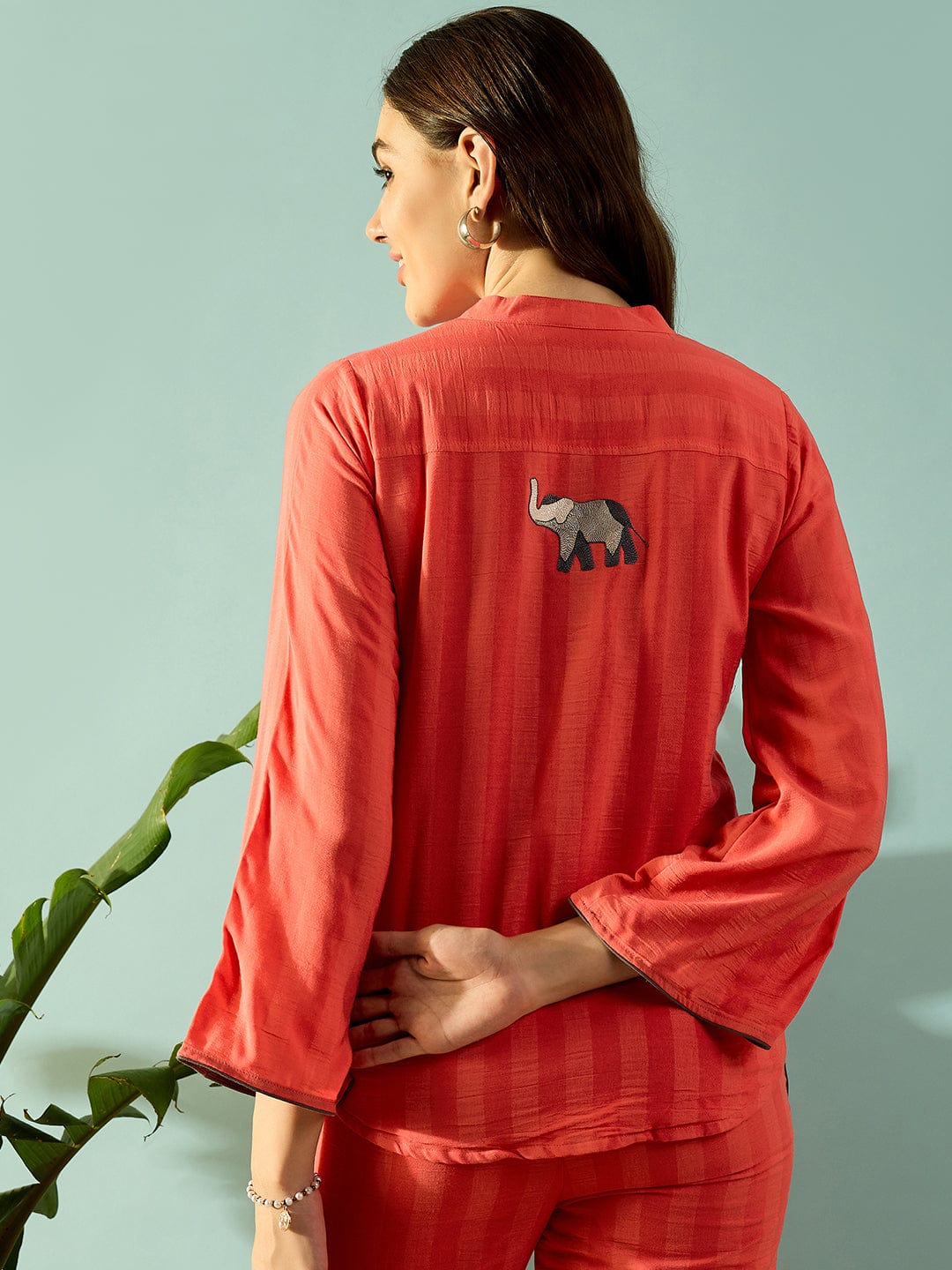 The Kaftan Company Co-ord Peach Self Striped Elephant Embroidered Coord Set