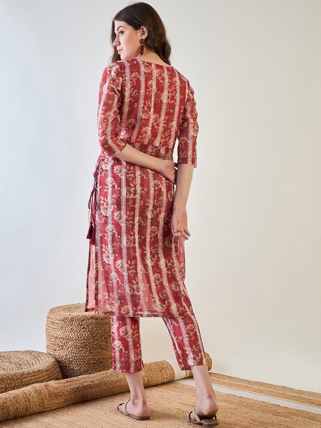 The Kaftan Company Co-ord Red Floral Striped Lurex Co ord Set