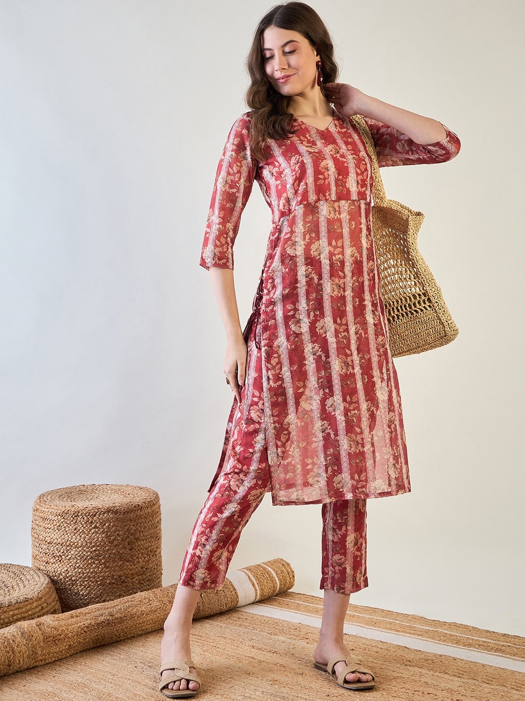 The Kaftan Company Co-ord Red Floral Striped Lurex Co ord Set