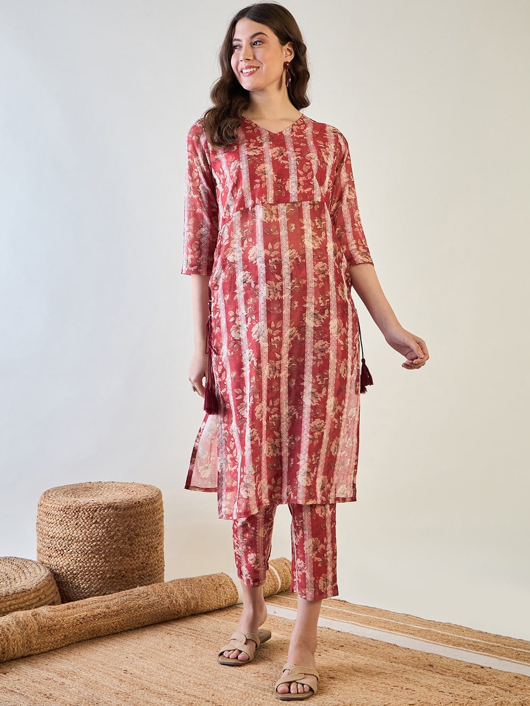 The Kaftan Company Co-ord Red Floral Striped Lurex Co ord Set