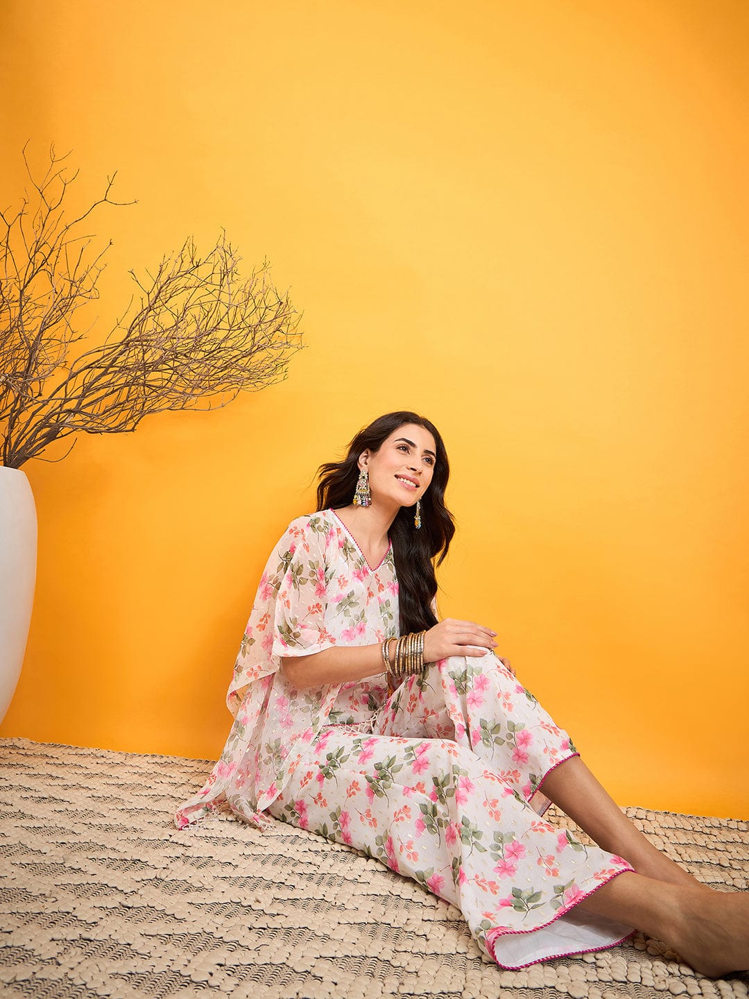 The Kaftan Company Co-ord Subtle White Floral Festive Co-ord set