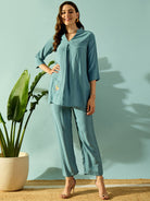 The Kaftan Company Co-ord Turquoise Bird Embroidered Cotton Coord set