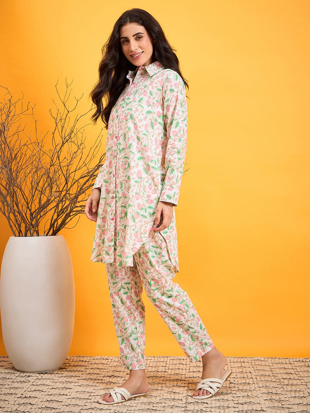 The Kaftan Company Co-ord White Strawberry Vines Co-ord Set