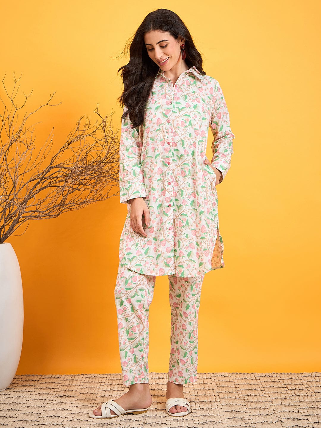The Kaftan Company Co-ord White Strawberry Vines Co-ord Set
