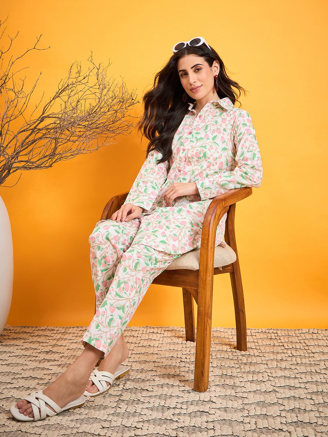 The Kaftan Company Co-ord White Strawberry Vines Co-ord Set
