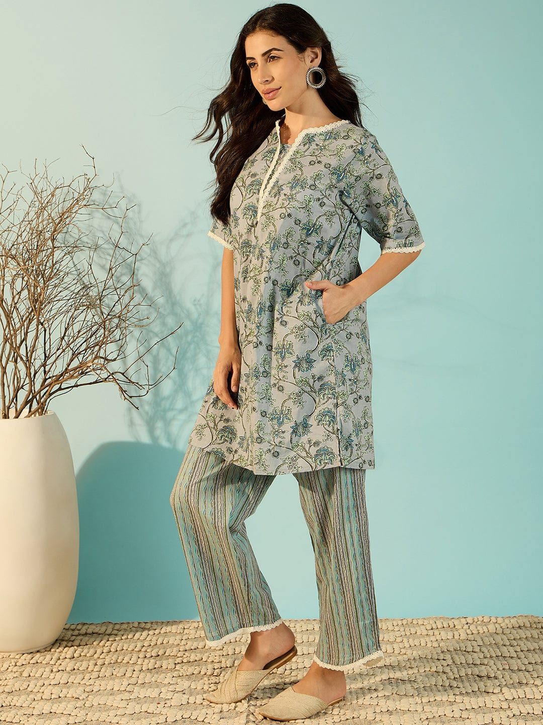 The Kaftan Company Co-ord Women Chalk Blue Floral Patterned Cotton Co-Ord Set