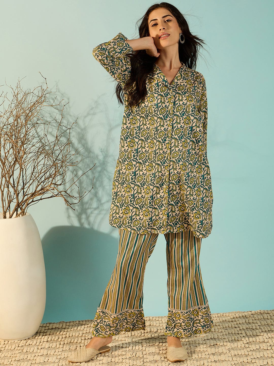 The Kaftan Company Co-ord Women Flora Stylish Cotton Shirt And Pant Co-Ord Set