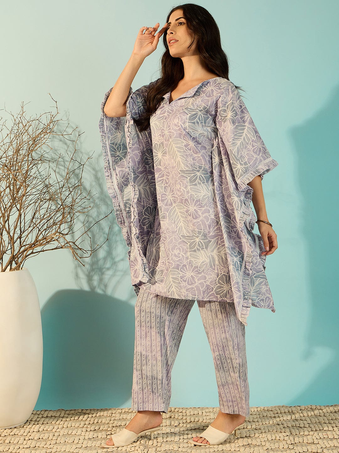 The Kaftan Company Co-ord Women Lilac Artisan Print Cotton Kaftan Style Co-Ord Set