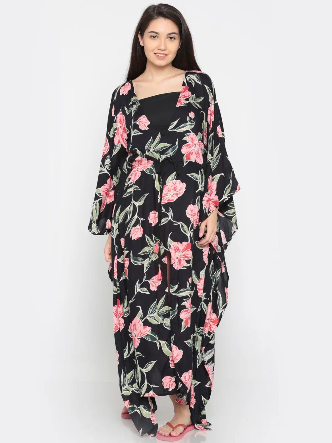 The Kaftan Company Cover-Up Black Floral Print Resort Cover-Up - (Clearance - Final Sale)