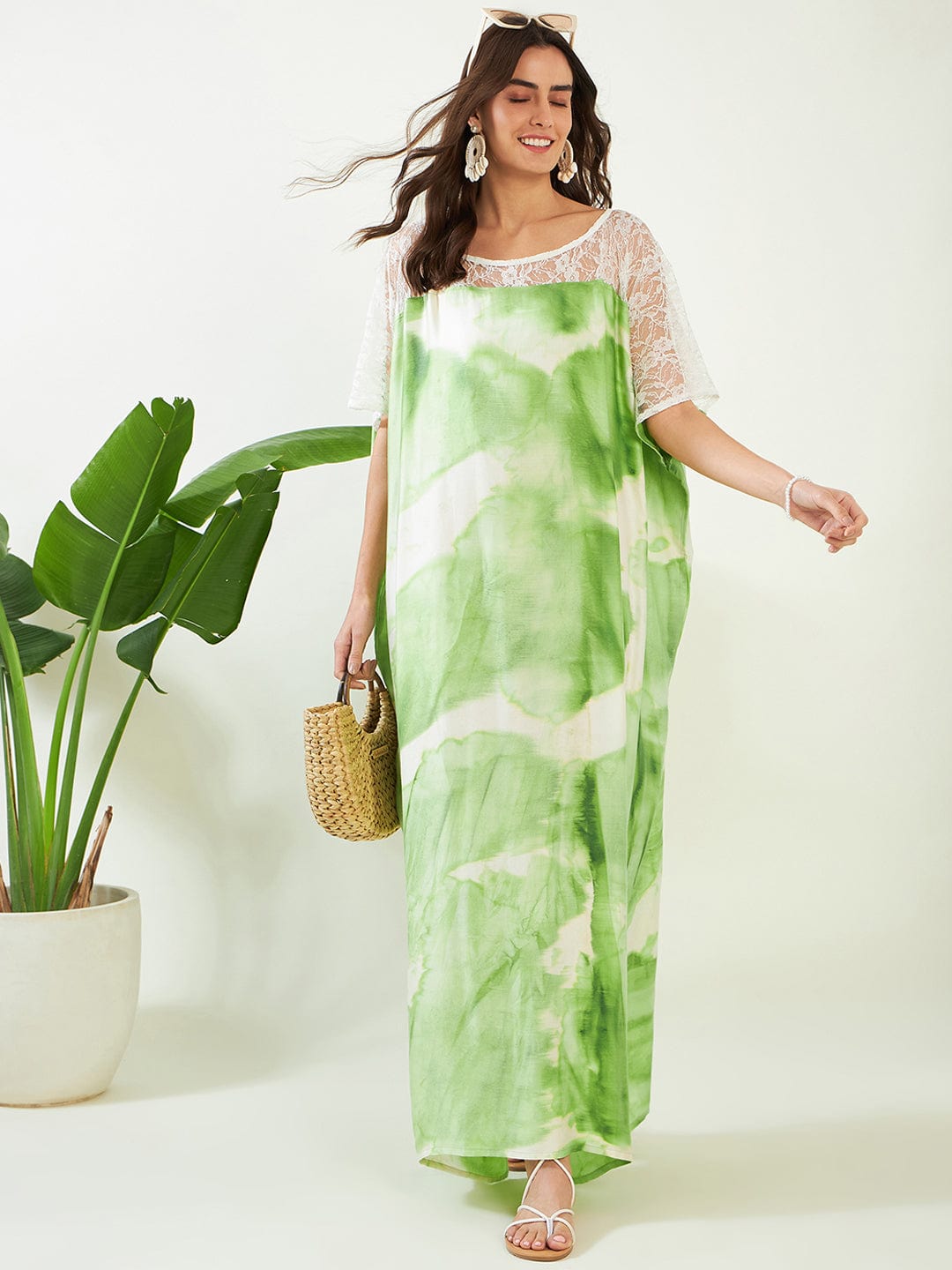 The Kaftan Company Cover-Up Freesize Green Tie Dye Freesize Kaftan